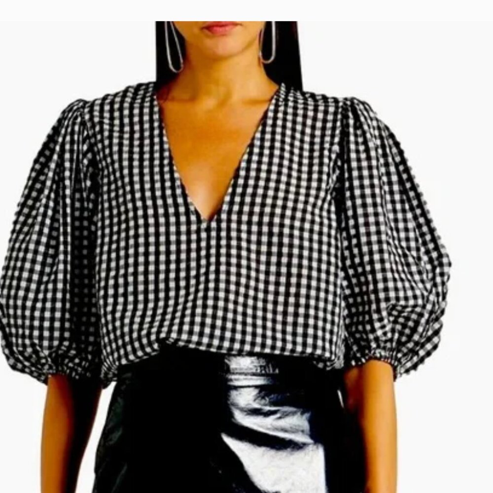 Worn on And Just Like That: GANNI Seersucker balloon sleeve check blouse (US 4)